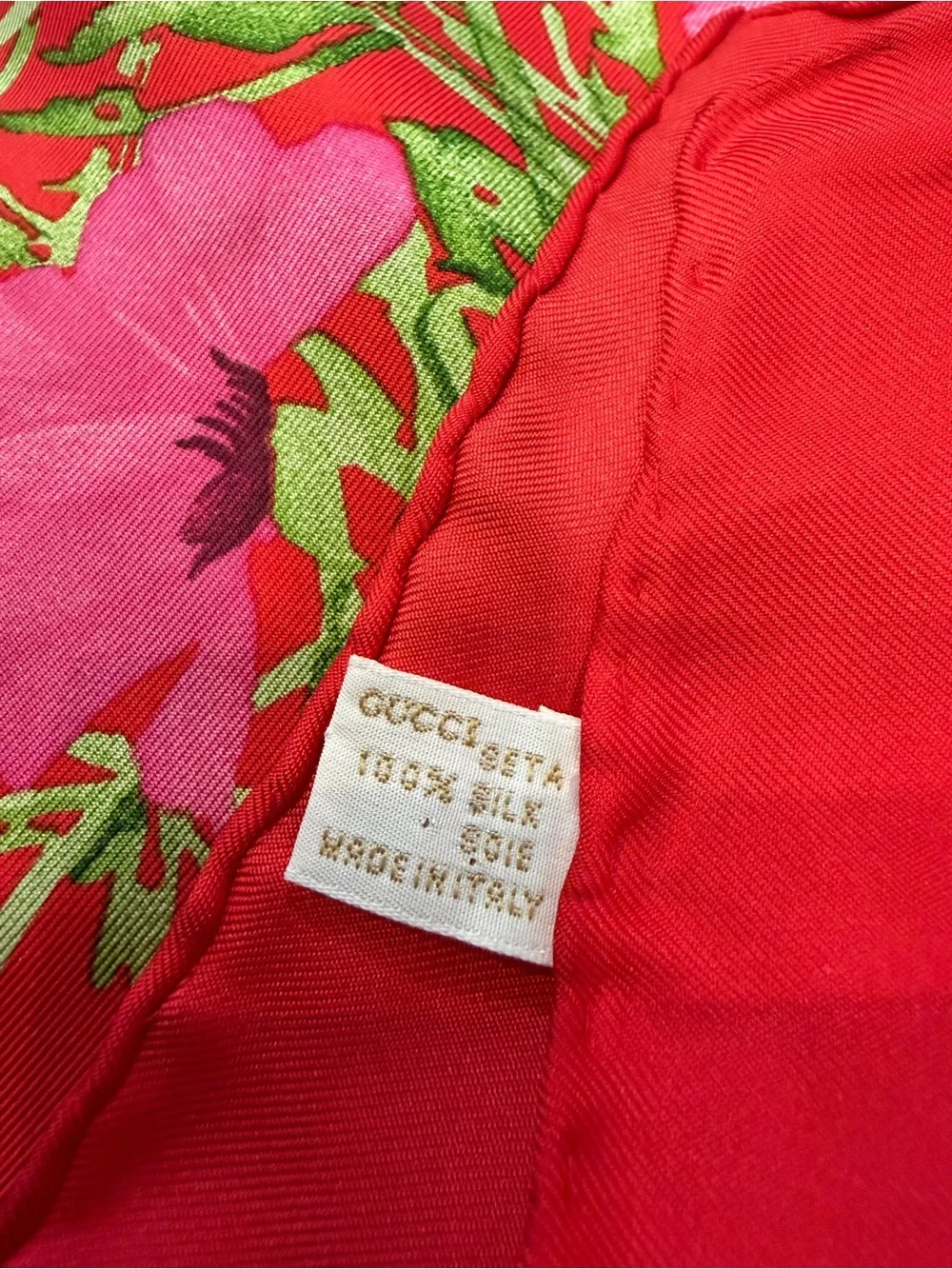 Gucci Red Silk Floral Scarf with Pink and Green Accents
